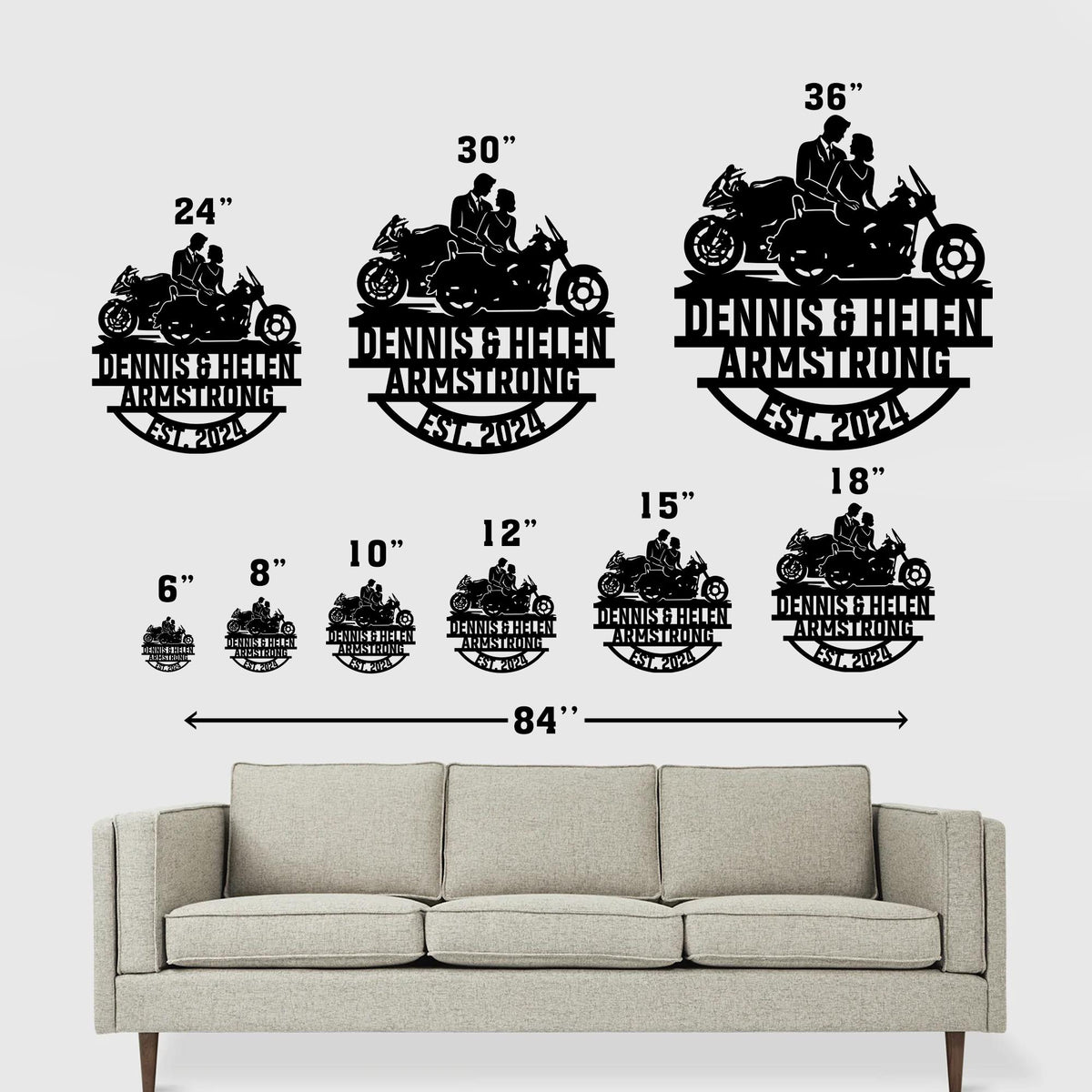 Motorcycle Wedding Metal Sign with LED Lights, Personalized Family Name Gift