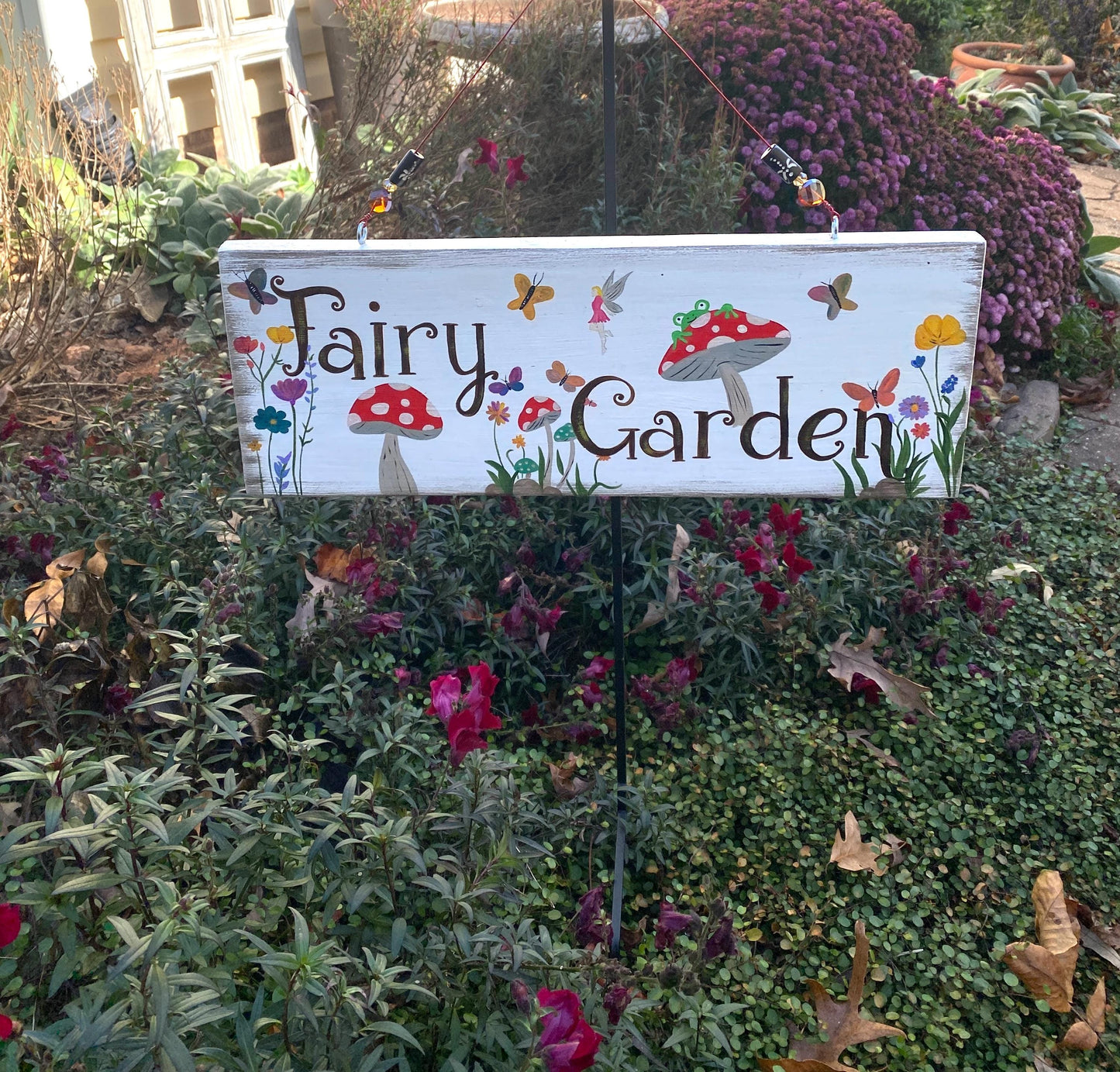 Hand Painted Fairy Village Wooden Sign, Whimsical Mushroom Floral Yard Decor