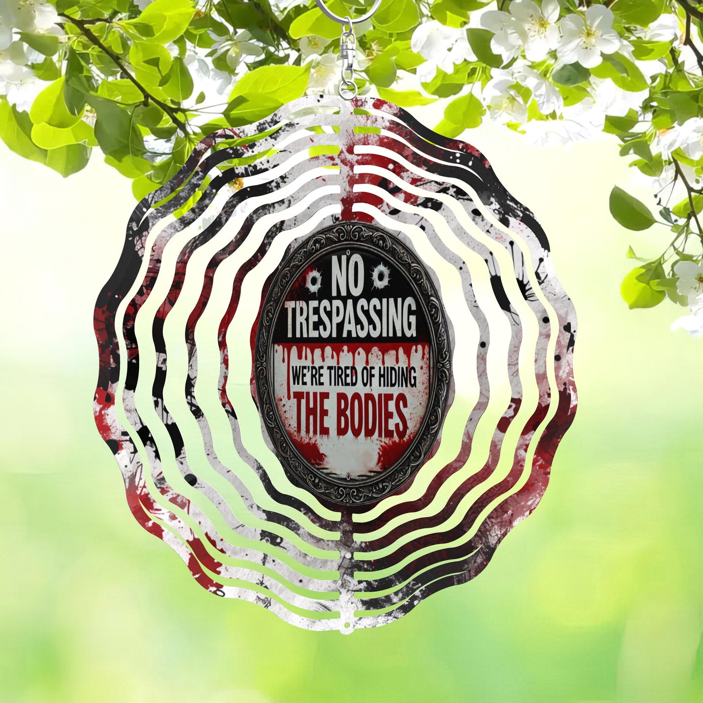 No Trespassing Wind Spinner, Dark Humor Yard Art