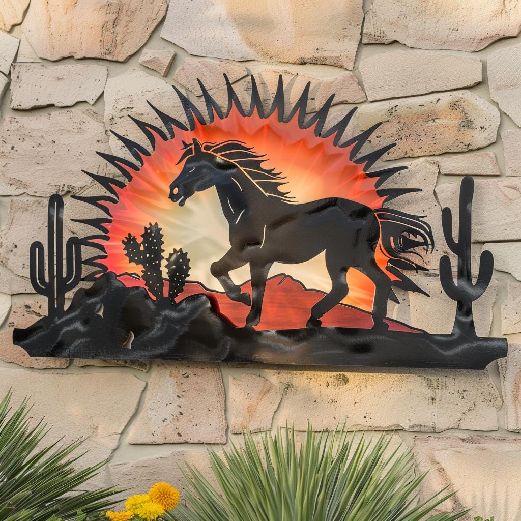 Wild Horse Sunburst Metal Wall Art, Southwestern Desert Ranch Decor, UV Printed Aluminum Sign