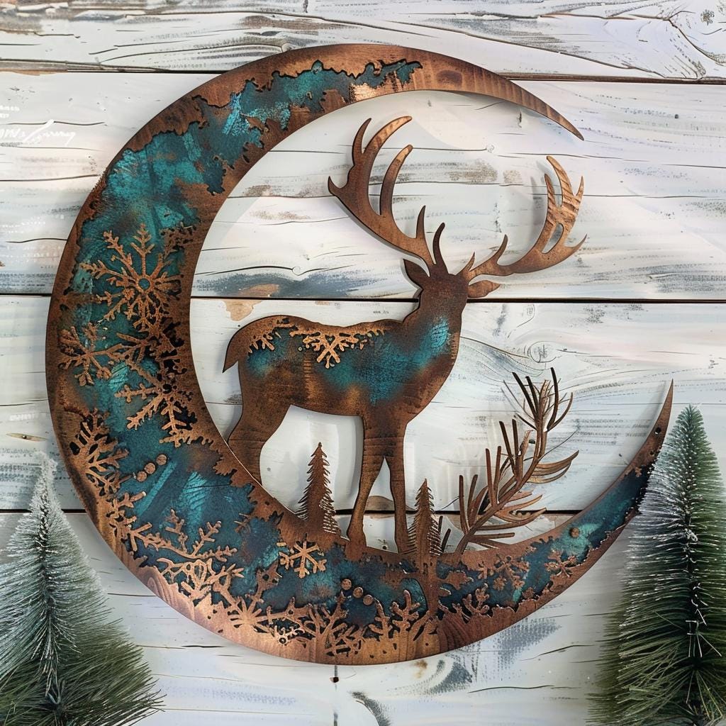 Crescent Moon Deer Metal Wall Art, Woodland Pine Branch Decor, Antique Copper Cabin Sign