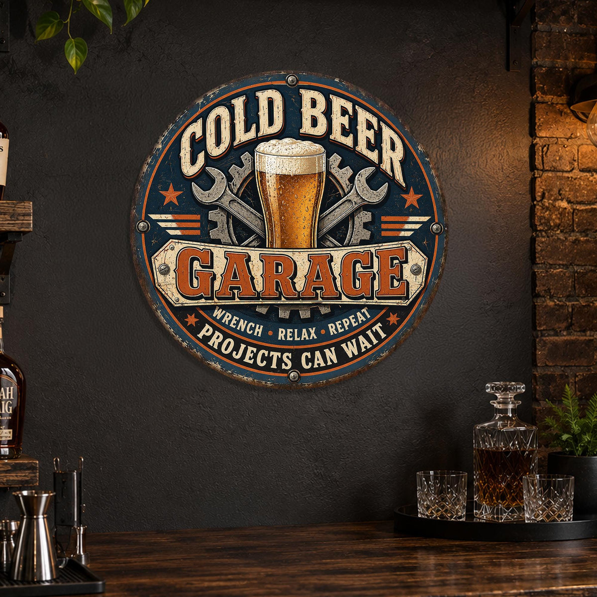 Cold Beer Garage Sign, Round Metal Beer Bar Wall Art, Garage Bar Decor, Wrench Relax Repeat, Man Cave Sign, Gift For Him, Beer Lover Gift