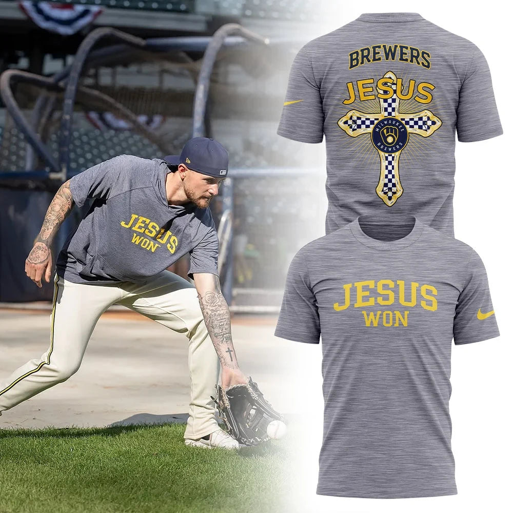 Milwaukee Brewers JESUS WON Thank You Jesus T-Shirt Baseball Gifts For Christians