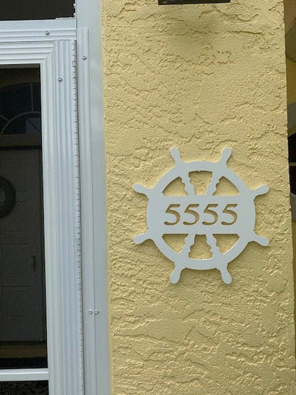 Ship Wheel Address Plaque - Personalized Coastal House Number Sign
