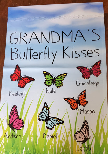 Grandma's Butterfly Kisses Garden Flag, Personalized Grandkids Gift (12x18)