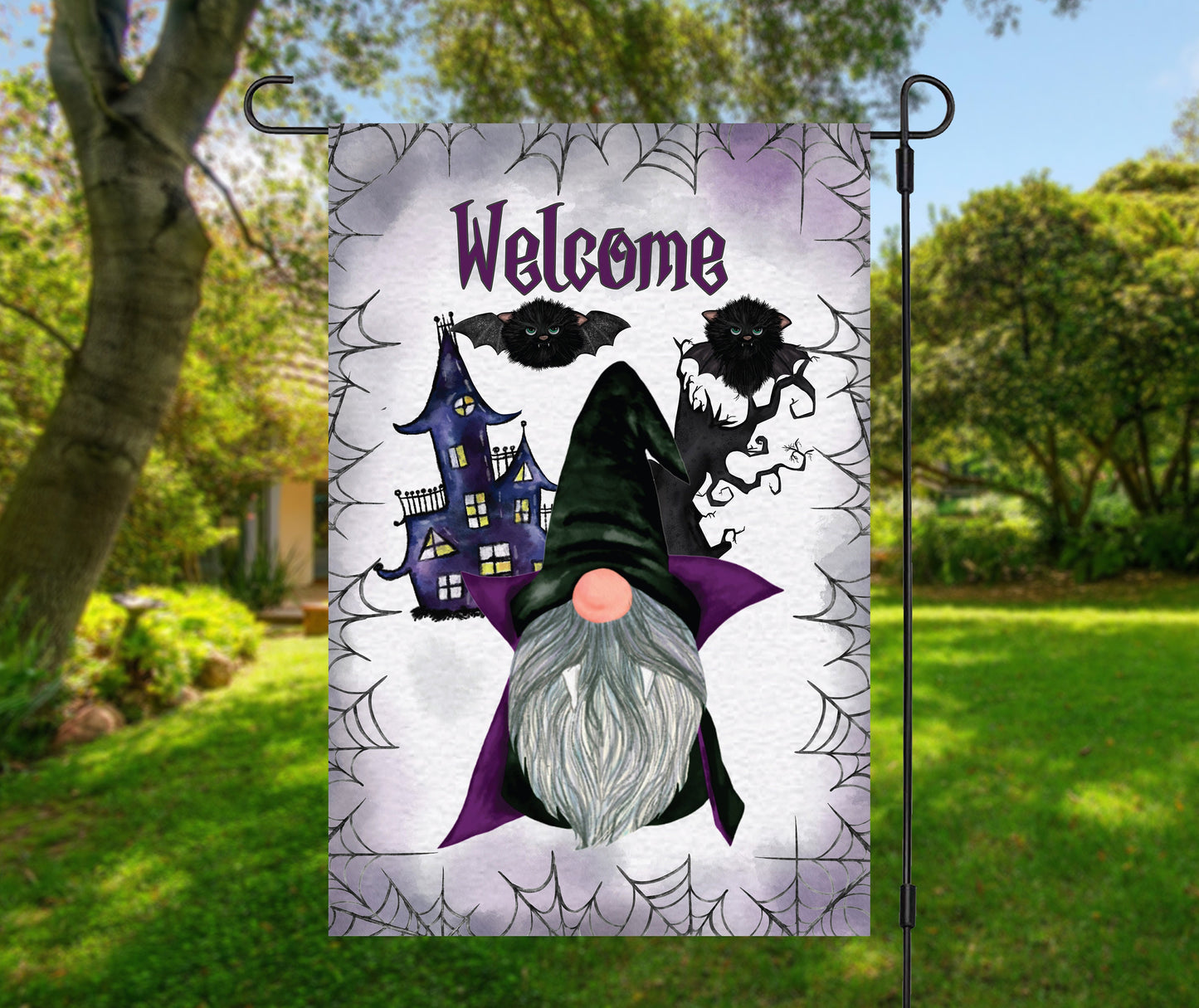 Halloween Gnome Garden Flag, Spiderwebs, Welcome, 12x18