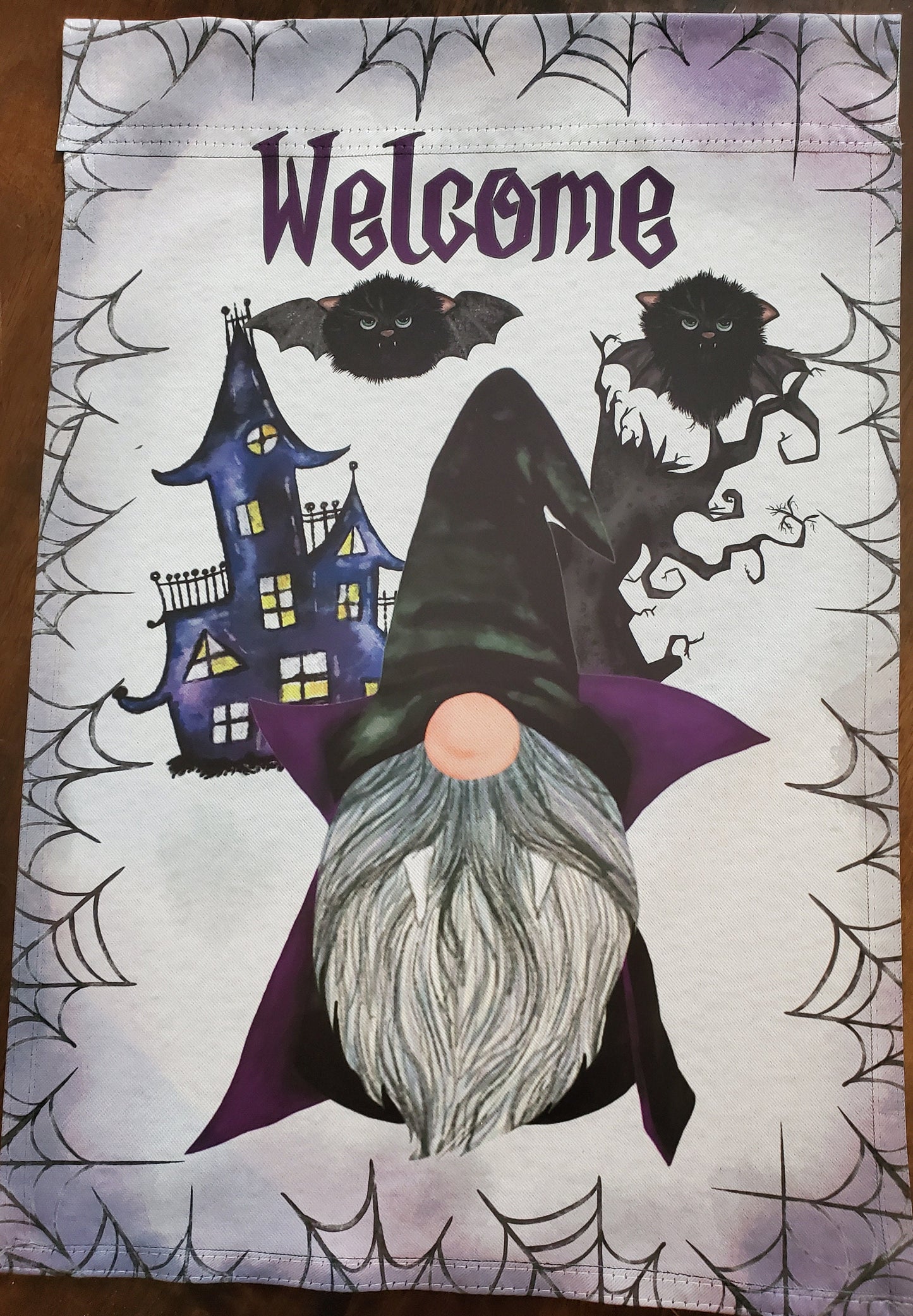 Halloween Gnome Garden Flag, Spiderwebs, Welcome, 12x18