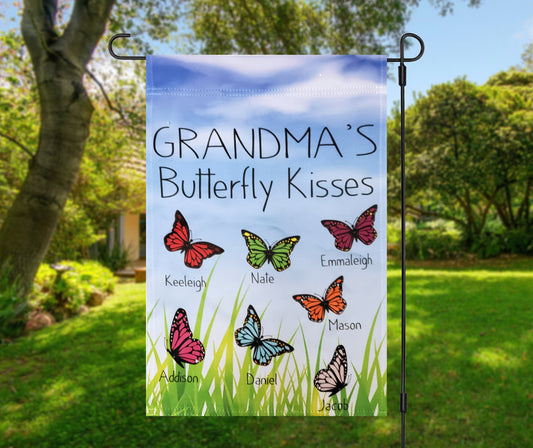 Grandma's Butterfly Kisses Garden Flag, Personalized Grandkids Gift (12x18)