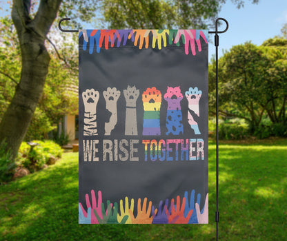 We Rise Together LGBTQ Ally Garden Flag, Equality Paw Prints