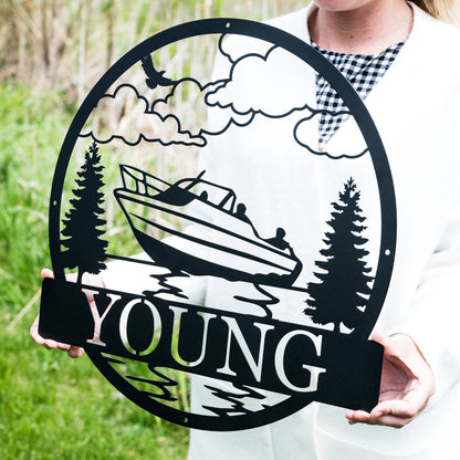 Personalized Boat Lake House Sign | Metal Outdoor Decor | Lake Beach House Decor | Custom Boat Gift | Circle Boat Sign | River House Sign