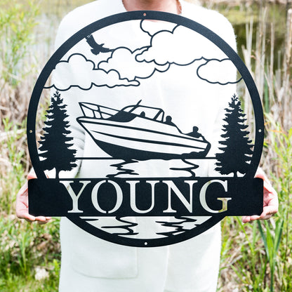 Personalized Boat Lake House Sign | Metal Outdoor Decor | Lake Beach House Decor | Custom Boat Gift | Circle Boat Sign | River House Sign