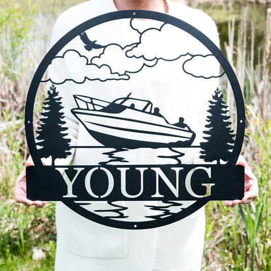 Personalized Boat Lake House Sign | Metal Outdoor Decor | Lake Beach House Decor | Custom Boat Gift | Circle Boat Sign | River House Sign