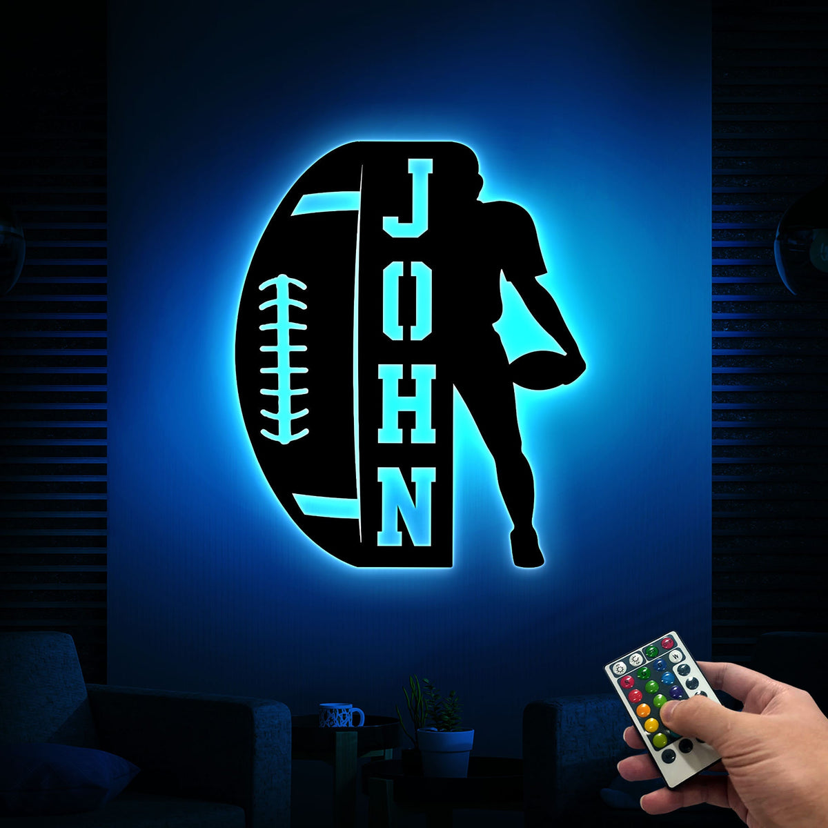 Custom Football Player Metal Sign, LED Light Name Art