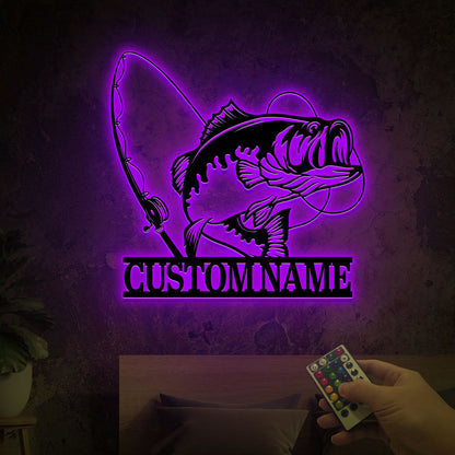 Custom Largemouth Bass Fish Metal Sign Led Lights, Bass Fishing Name Sign, Fish Pole Decor, Lake House Fishing Wall Art, Fishing Dad Gift