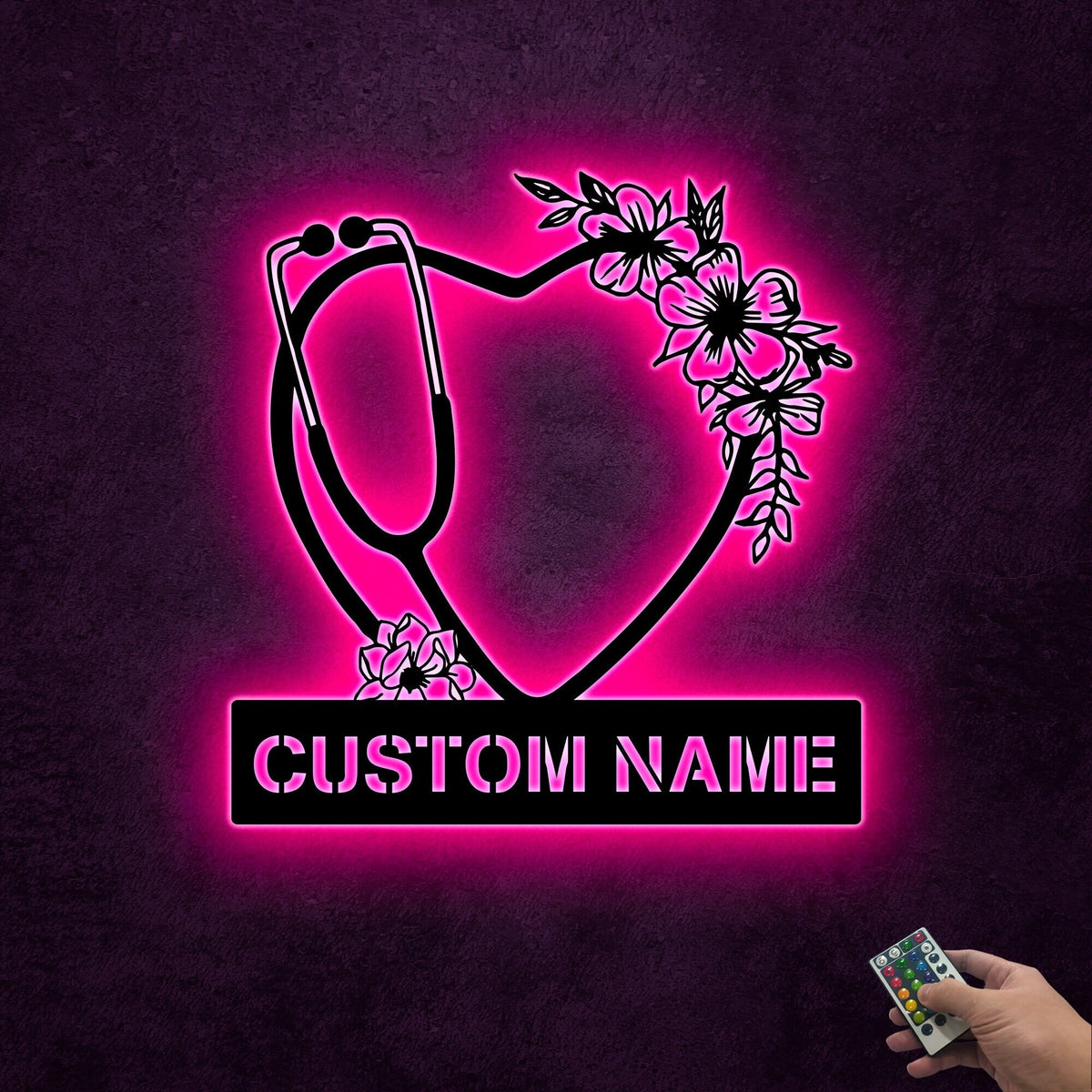 Personalized Floral Heart Stethoscope LED Metal Wall Art, Nurse Gift