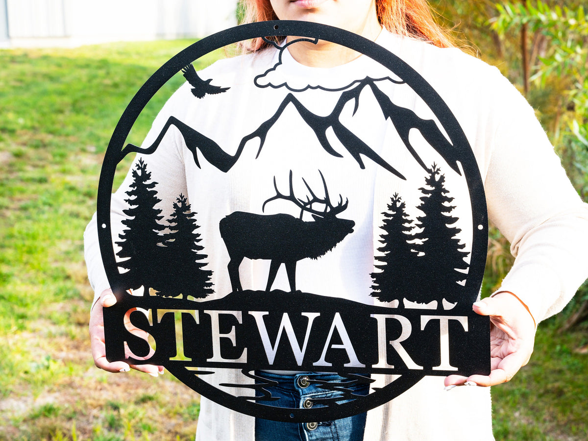 Personalized Hunting Sign | Outdoor Metal Elk Sign with Mountain | Hunting Gift | Metal Nature Wall Art Mountains Trees Wildlife Lover Gift