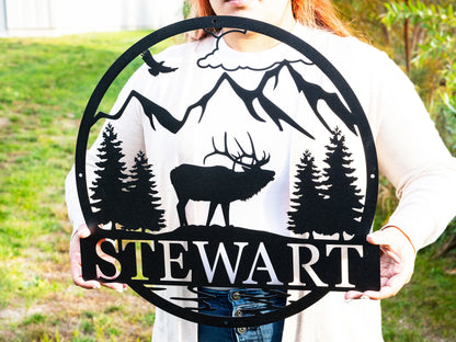 Personalized Hunting Sign | Outdoor Metal Elk Sign with Mountain | Hunting Gift | Metal Nature Wall Art Mountains Trees Wildlife Lover Gift