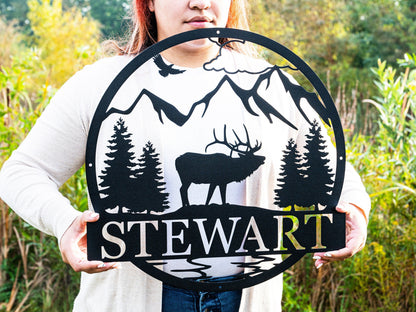 Personalized Hunting Sign | Outdoor Metal Elk Sign with Mountain | Hunting Gift | Metal Nature Wall Art Mountains Trees Wildlife Lover Gift