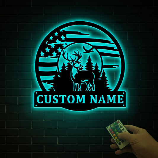 Custom US Flag Deer Metal Sign, Hunting Decor with LED Lights