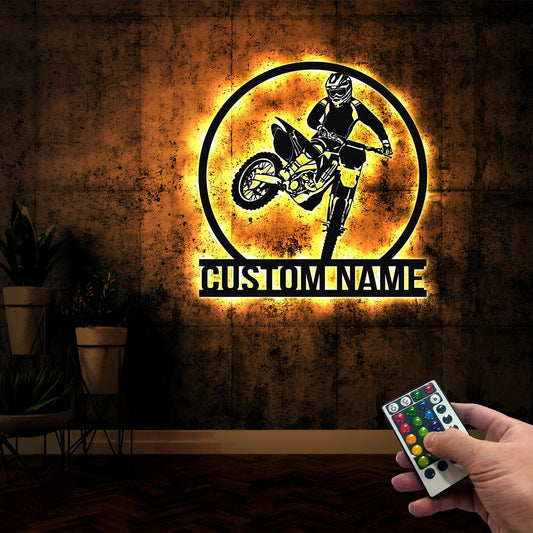 Custom Motocross Metal Sign LED Lights, Motocross Dirt Bike Wall Art, Biker Name Sign, Motorcycle Decor, Gift for Dad Motocross Lover Gift