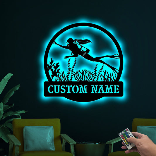 Personalized Scuba Diver Metal LED Sign, Diving Wall Art