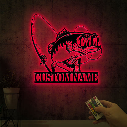 Custom Largemouth Bass Fish Metal Sign Led Lights, Bass Fishing Name Sign, Fish Pole Decor, Lake House Fishing Wall Art, Fishing Dad Gift