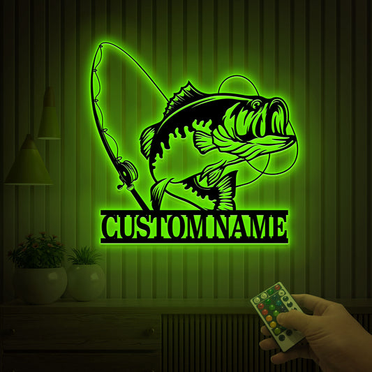 Custom Largemouth Bass Fish Metal Sign Led Lights, Bass Fishing Name Sign, Fish Pole Decor, Lake House Fishing Wall Art, Fishing Dad Gift