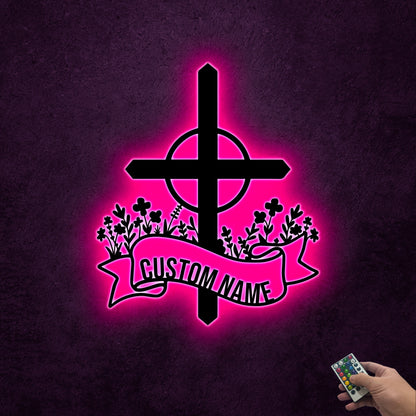 Custom Blessed Cross Metal Sign, LED Light, Religious Wall Decor