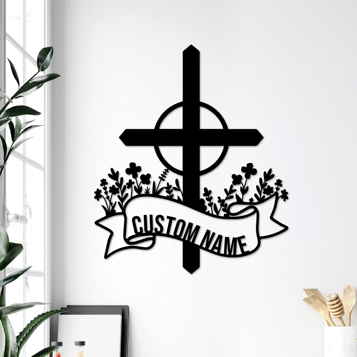 Custom Blessed Cross Metal Sign, LED Light, Religious Wall Decor