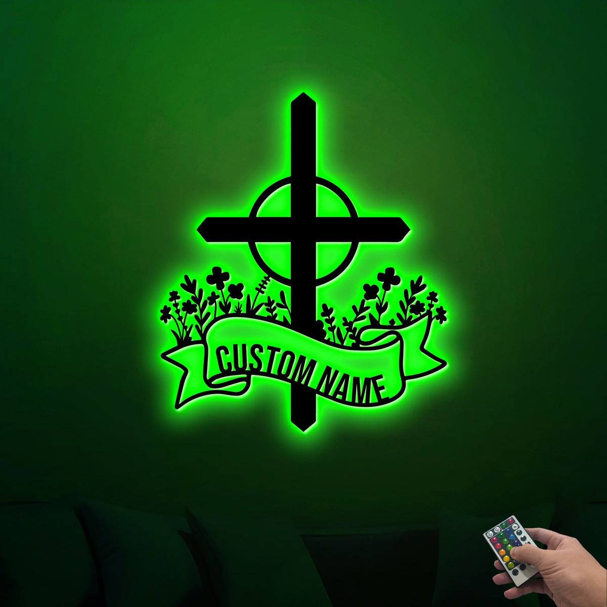 Custom Blessed Cross Metal Sign, LED Light, Religious Wall Decor