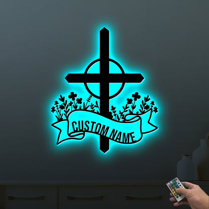 Custom Blessed Cross Metal Sign, LED Light, Religious Wall Decor