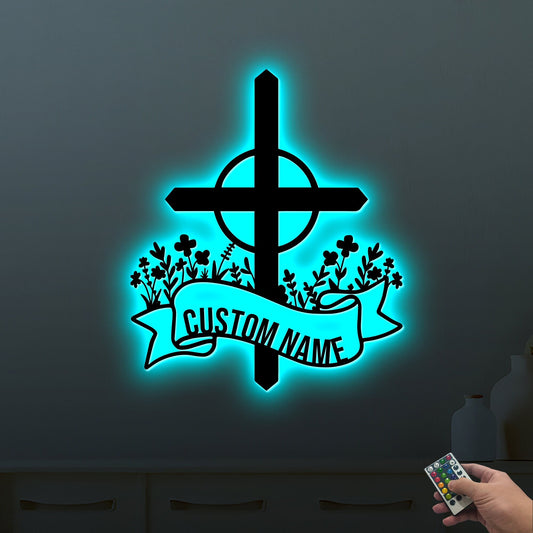Custom Blessed Cross Metal Sign, LED Light, Religious Wall Decor