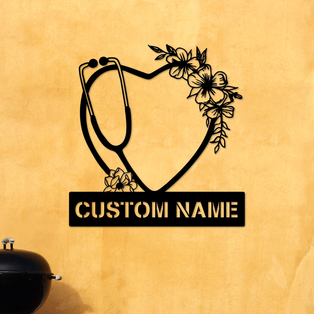 Personalized Floral Heart Stethoscope LED Metal Wall Art, Nurse Gift