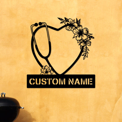 Personalized Floral Heart Stethoscope LED Metal Wall Art, Nurse Gift