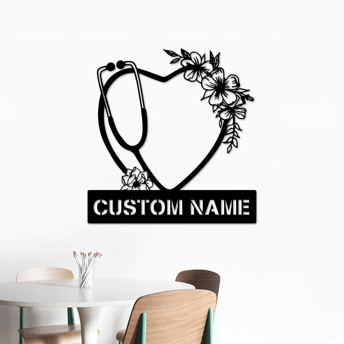 Personalized Floral Heart Stethoscope LED Metal Wall Art, Nurse Gift