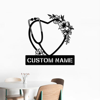 Personalized Floral Heart Stethoscope LED Metal Wall Art, Nurse Gift
