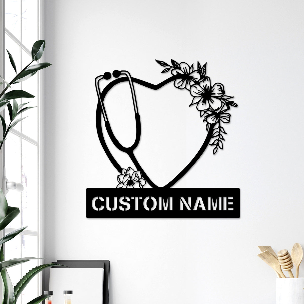 Personalized Floral Heart Stethoscope LED Metal Wall Art, Nurse Gift
