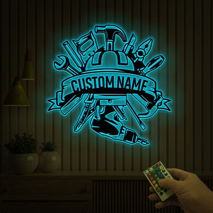 Personalized Metal Workshop Sign with LED Lights, Garage Decor