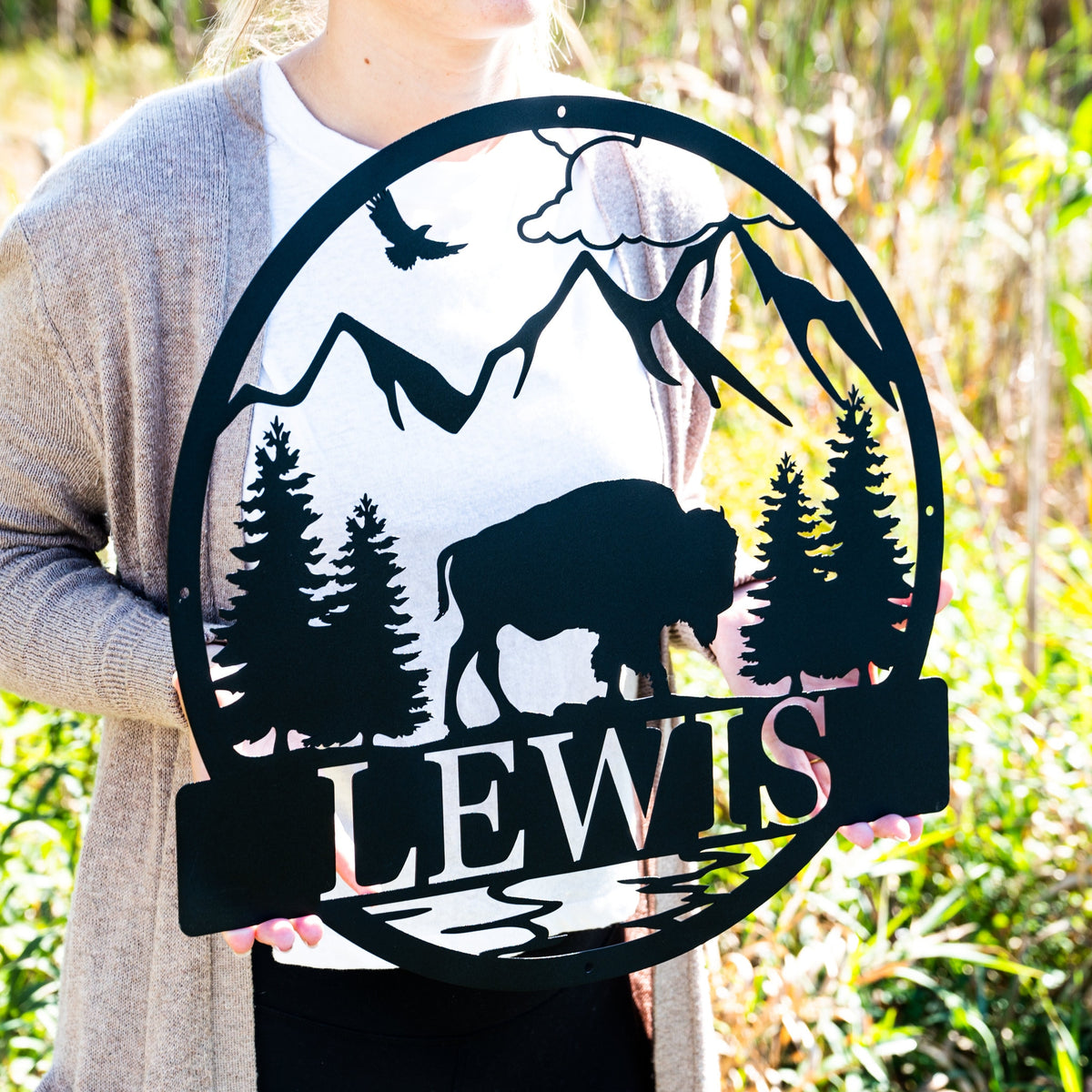 Custom Outdoor Bison Circle Monogram Sign | Lone Bison Decor | Bison Camp Sign | Buffalo Decor | Bison Name Metal Sign | Gift for Him