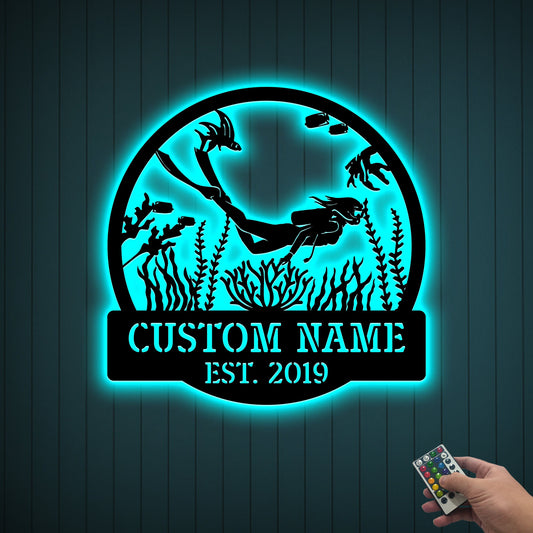 Custom Girl Scuba Diving Metal Sign with LED Light