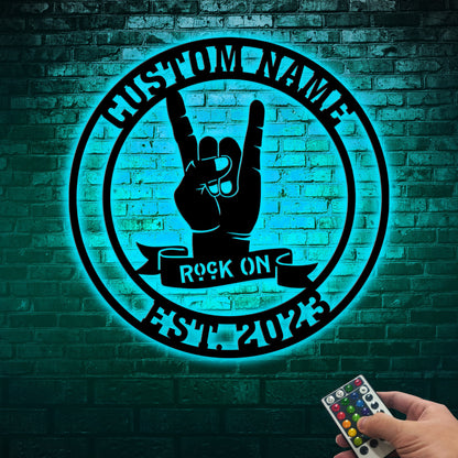 Custom Rock on Hand Sign Metal with LED Lights, Rock N' Roll Wall Art, Rock Lover Wall Hanging for Living Room Cabin, Music Room Decor