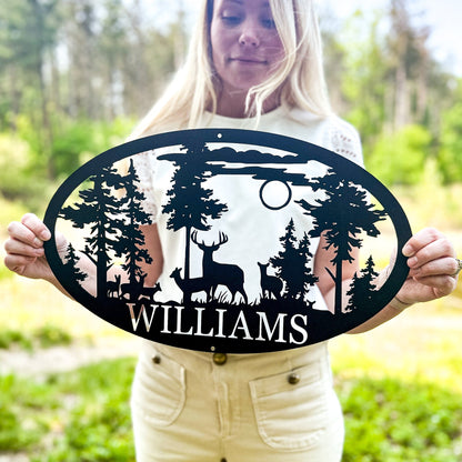 Personalized Oval Deer Metal Cabin Sign | Outdoor Hunting | Deer Hunter Gift | Custom Family Name Sign | Last Name Deer Monogram Cabin Decor