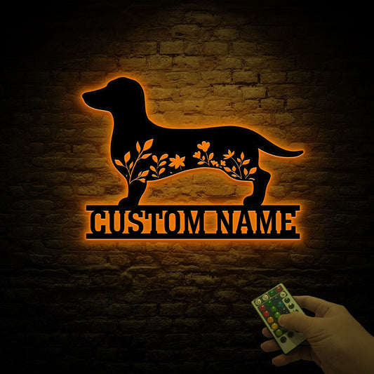 Floral Dachshund Metal Sign, Custom Name LED Wall Art