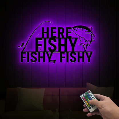 Here Fishy Fishy LED Metal Wall Art, Lake House Cabin Decor