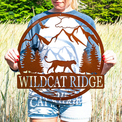 Metal Mountain Lion Name Sign | Cougar Outdoor Cabin Sign | Wild Cat Tiger Panther Wall Decor | Hunting Gift | Man Cave | Family Name Sign