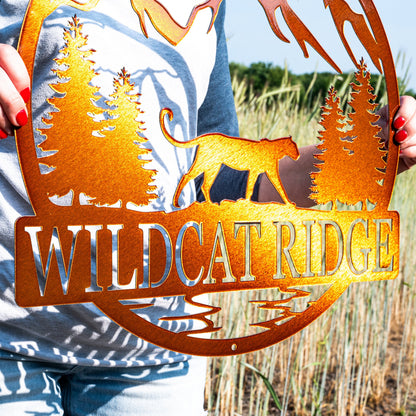 Metal Mountain Lion Name Sign | Cougar Outdoor Cabin Sign | Wild Cat Tiger Panther Wall Decor | Hunting Gift | Man Cave | Family Name Sign