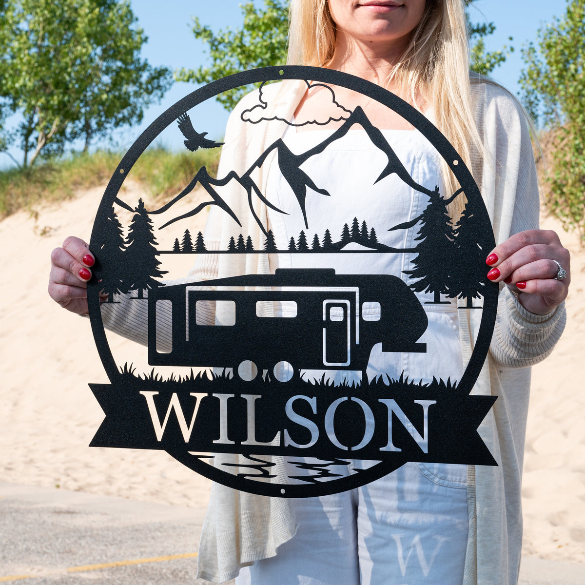 Custom Fifth Wheel Camper RV Sign | Metal Outdoor Camping Sign | Family Camp Sign | Mountain Camping | Sign for Campers Custom Campsite Sign