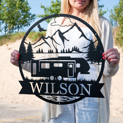 Custom Fifth Wheel Camper RV Sign | Metal Outdoor Camping Sign | Family Camp Sign | Mountain Camping | Sign for Campers Custom Campsite Sign