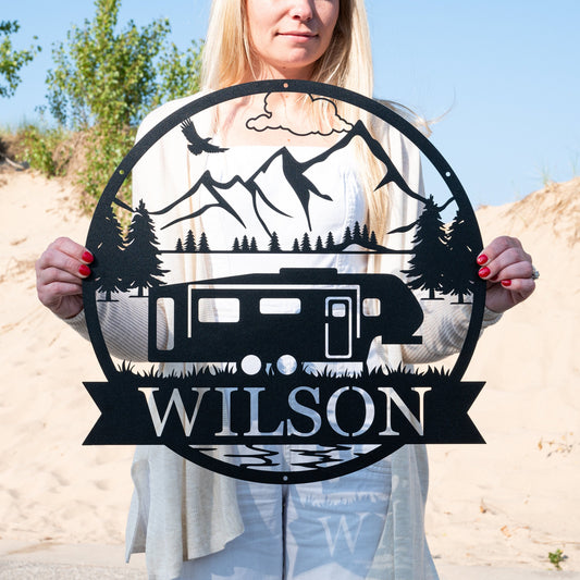Custom Fifth Wheel Camper RV Sign | Metal Outdoor Camping Sign | Family Camp Sign | Mountain Camping | Sign for Campers Custom Campsite Sign