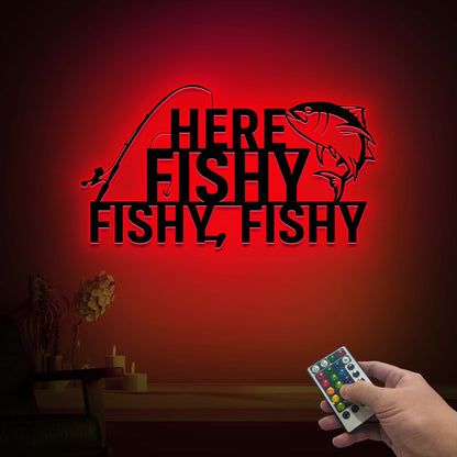 Here Fishy Fishy LED Metal Wall Art, Lake House Cabin Decor